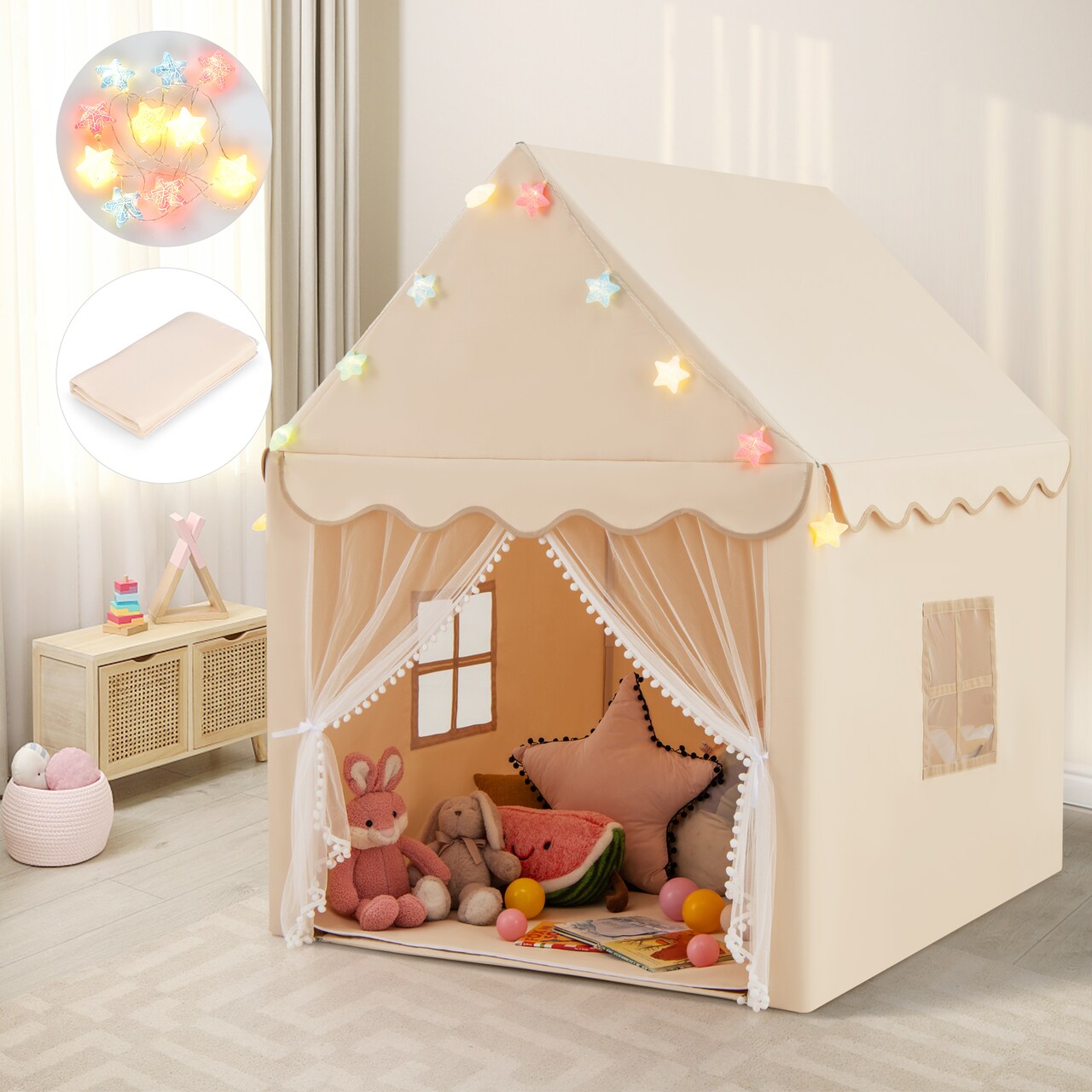 Large Kids Play Tent with Star Lights and Soft Mat for Playtime Adventure